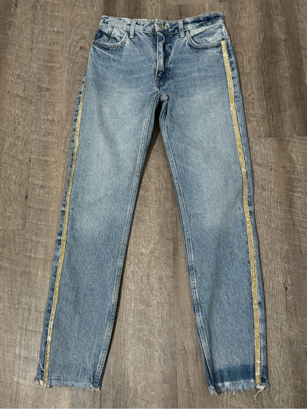 ZARA Light Wash Jeans, Rhinestone Side Stripe, Denim, Women’s Size 2
